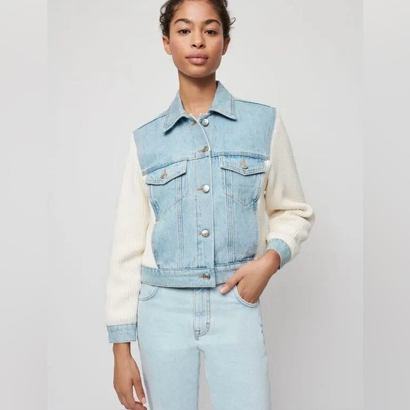 Maje NWOT Mixed Material Denim and Knit Jacket, sky blue/white, 36(XS) - Picture 2 of 14